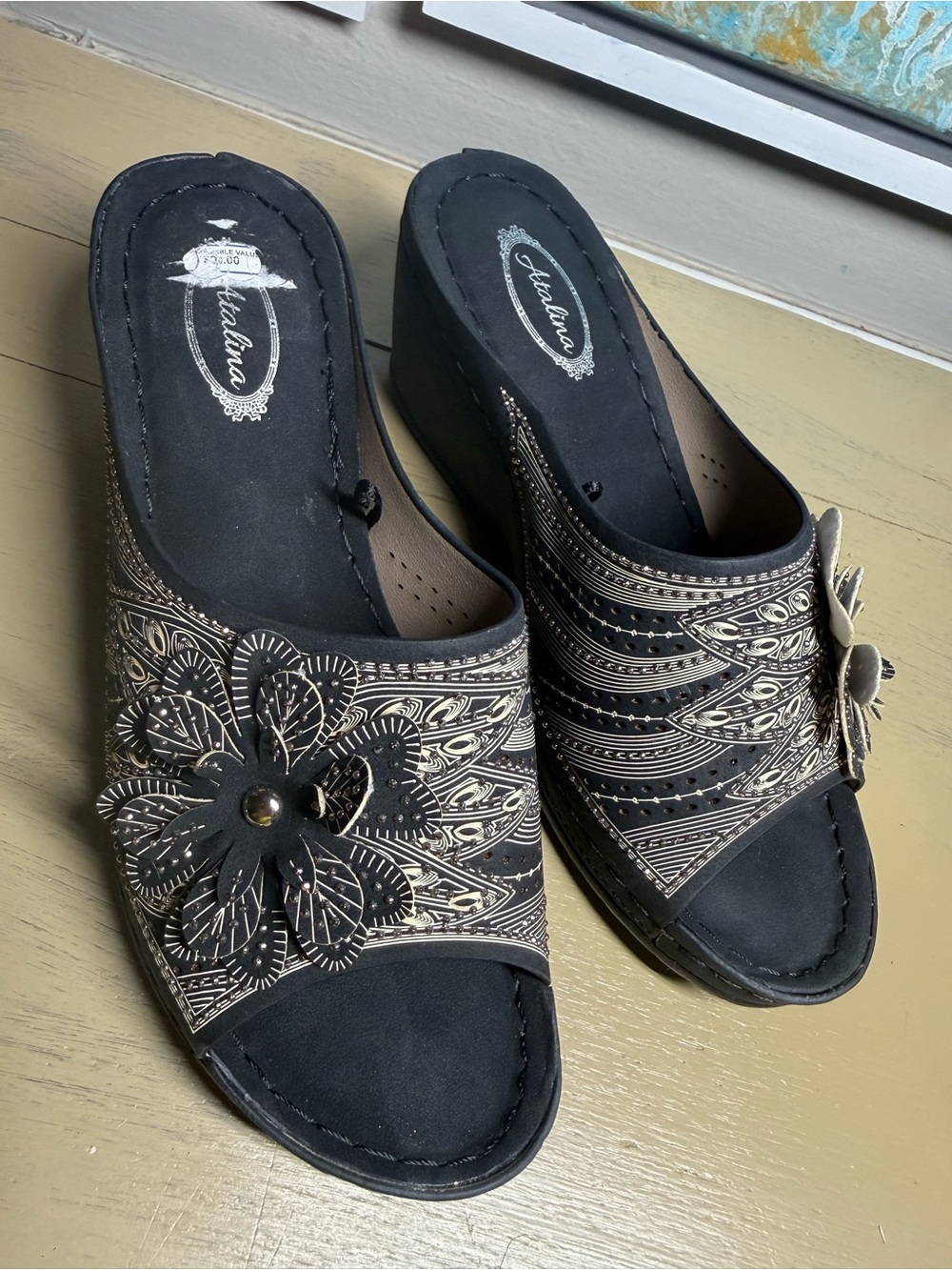 Floral Embellished Black Wedge Mules